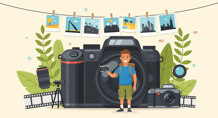 A young photographer stands proudly in front of a large camera surrounded by photography equipment and hanging photos. © Fendi