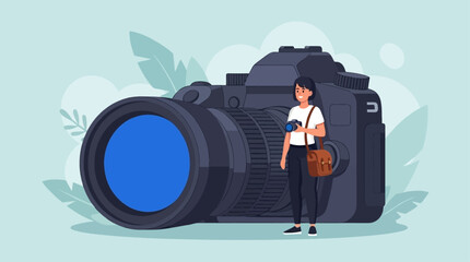 A woman stands beside a large camera with a lens and bag. © Fendi