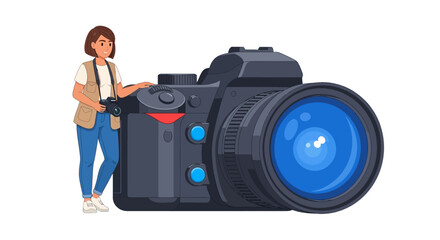 A woman stands beside a large camera with a blue lens and holds a bag. © Fendi