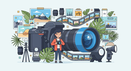 A photographer stands surrounded by various photography equipment and images. © Fendi