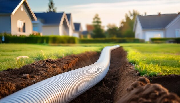 a white corrugated drain pipe is installed in a newly dug trench in a lush green lawn with modern houses in the blurred background under natural light