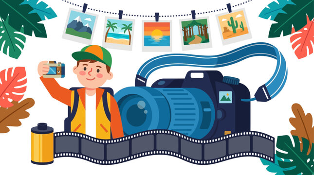 A photographer holds a camera standing behind a film strip with a large camera lens and travel photos hanging above.