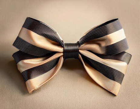 beige and black striped fabric bow rests on a textured paper background