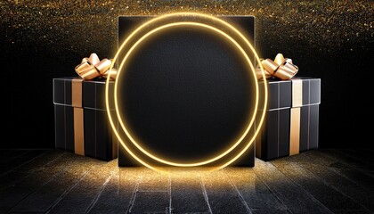 matte black wall glowing neon gold geometric frame gift box obsidian background glitter marble floor elegant luxury celebration