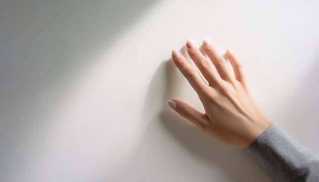 hand touch gesture minimal clean white background soft light neutral tone modern interaction copy space subtle shadow