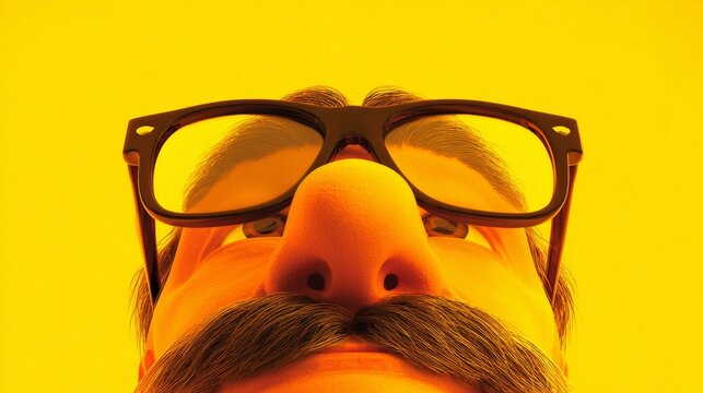Celebration of humor with a wacky disguise on vibrant yellow. Adventure poster. Novelty glasses and joke nose on a lemon-hue background. Cinematic poster. Poster illustration.
