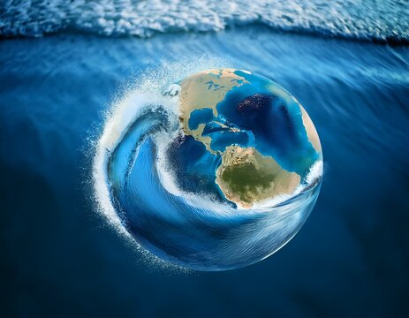 ocean globe formed by breaking ocean wave captured in dynamic motion with vibrant blue tones and detailed water texture