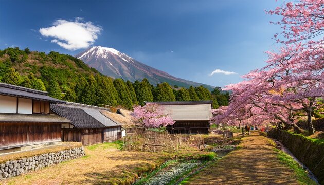 peaceful countryside of japan at mount fuji area with blooming pink cherry blossom and old traditional japanese shirakawa go house style