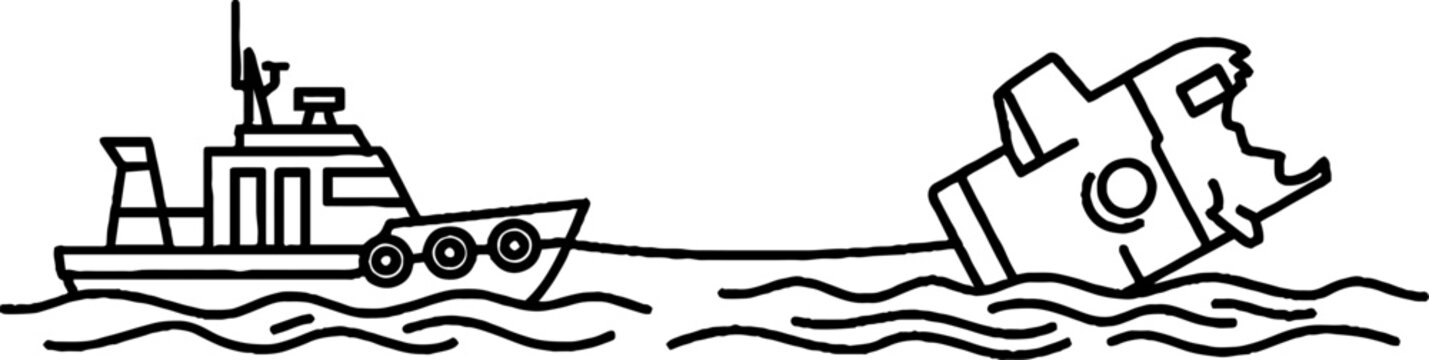 Tugboat towing a partially submerged sinking ship illustration.