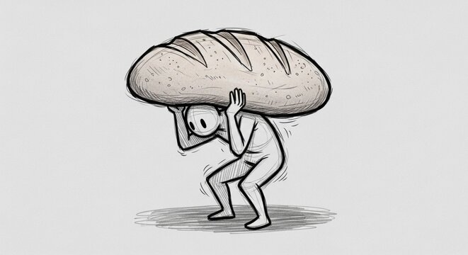 Cartoon person carrying oversized loaf of bread illustration.