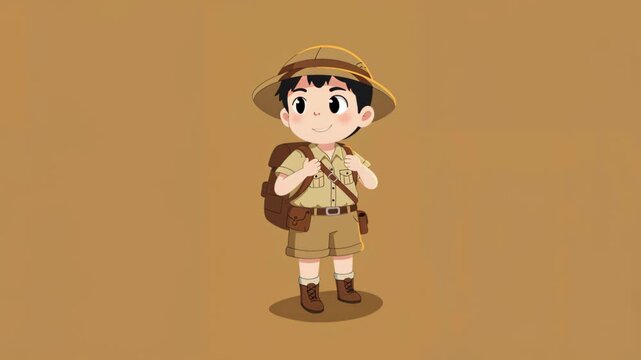 Young Explorer Ready for Adventure: A charming illustration of a young boy dressed as a safari explorer, complete with a pith helmet, khaki shorts, and a backpack, poised for an exciting journey.