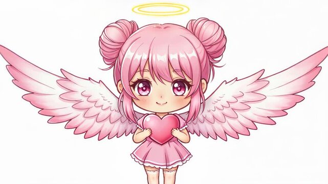 Chibi Angel with Heart: A sweet, anime-inspired chibi angel with pink hair styled in twin buns, large expressive eyes, and delicate pink wings holds a heart, radiating innocence and love.