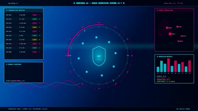 A digital AI fraud detection system displays real time monitoring data with glowing circular charts and oscillating wave forms on a dark deep blue screen interface