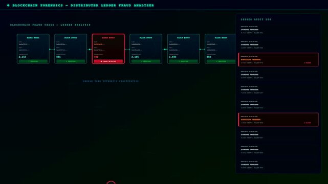 the ai fraud detection interface displays a ledger audit log with digital node blocks tracking financial transactions while monitoring system security threats in a dark environment