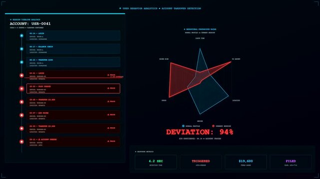 the ai fraud detection interface displays a complex radar chart visualization showing suspicious account activity metrics on a dark glowing screen with various scrolling data list entries