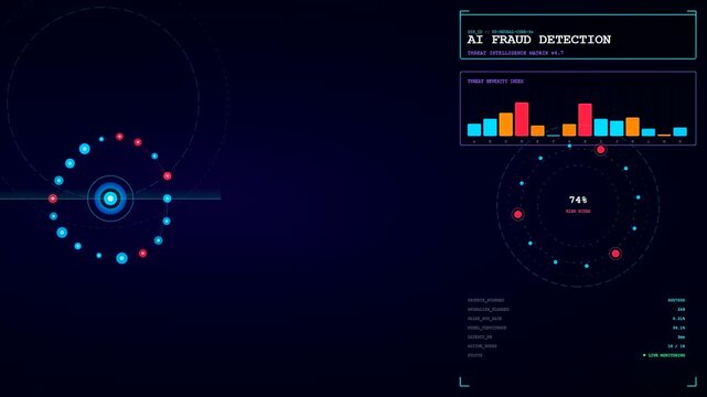 Digital ai fraud detection interfaces display moving data analytics and holographic circular charts with flickering red blue circles floating across a deep dark moody environment