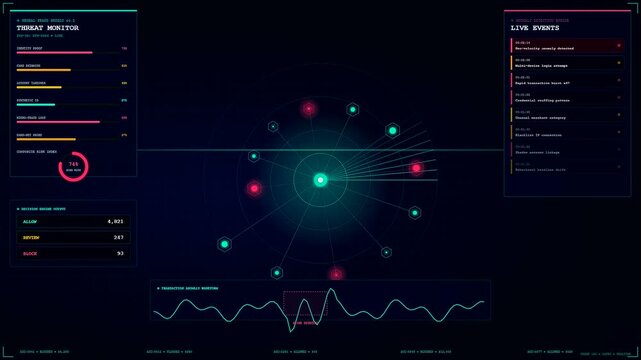 A sophisticated ai fraud detection system features glowing neon circular graphs and pulsating data wave lines animating across a dark interface for modern digital threat assessment