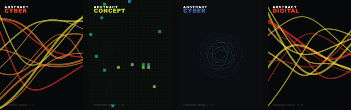 Cyber abstract digital background set, futuristic wavy lines and geometric data patterns, 4 dark tech vector posters for modern web design