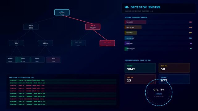 A screen displaying ai fraud detection software with complex branching decision trees and red lines indicating transactional analysis on a dark navy blue computer background
