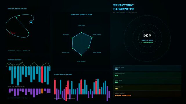 ai fraud detection metrics display tracking user interaction patterns on a dark screen interface showing biometric data analysis of mouse movement and typing velocity rhythms