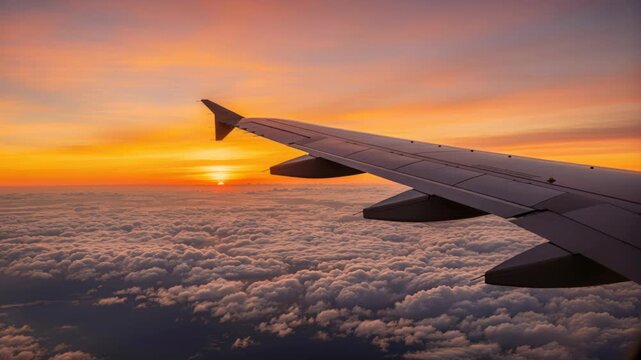 Airplane Wing Over Clouds at Sunset: The wing of an airplane stretches across the frame, soaring above a sea of fluffy clouds as the sun dips below the horizon.