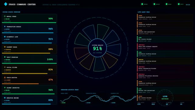 Digital displays showing ai fraud detection alerts with glowing circular graphs and flowing line charts during a continuous monitoring process on a dark interface screen