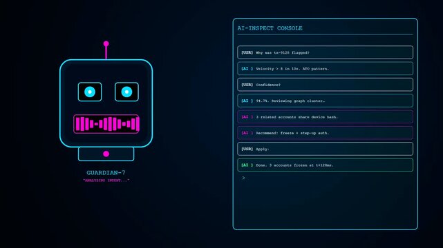 Automated AI fraud detection interface display shows a virtual face character processing digital data streams and text logs within a dark stylized computing software console system