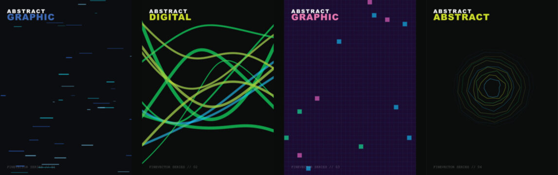 Abstract digital graphic posters, set of 4 dark futuristic vector backgrounds, neon wave lines and geometric data visualization layouts