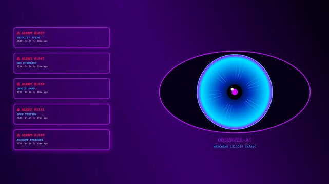 the ai fraud detection software displays complex data metrics and glowing neon ocular symbols on a dark digital interface during active system security monitoring routines