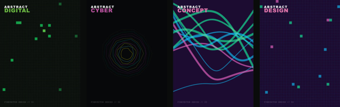Cyberpunk abstract digital poster set, futuristic neon wave backgrounds, dark tech concept layouts with geometric data elements, 4 vector templates