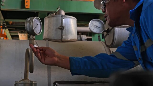 Experienced engineer inspecting pipeline pressure using an analog pressure gauge in a petrochemical plant, illustrating process monitoring, operational safety, and equipment reliability in industrial 