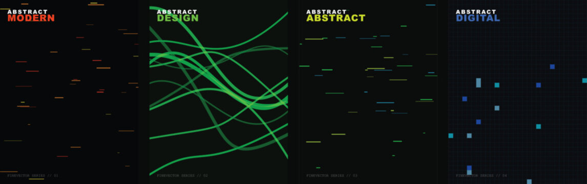 Abstract digital poster set with neon lines and data particles. Futuristic tech background collection. Modern dark vector layouts for web and print.