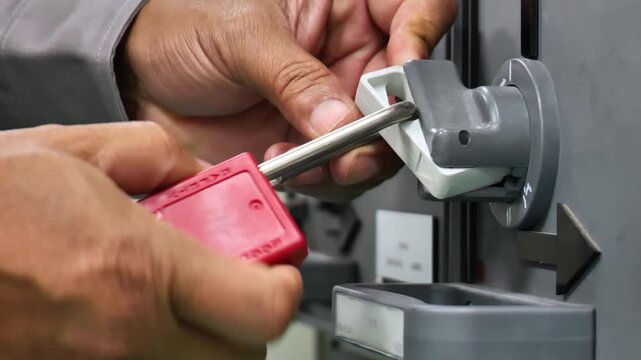 Padlock and warning tag secured on a main electrical isolation point demonstrate hazardous energy control, maintenance safety, and industrial accident prevention practices.