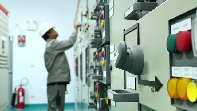 Electrical engineer monitoring power consumption data on digital screens inside a substation control room, illustrating energy management, power system reliability, and industrial electrical operation
