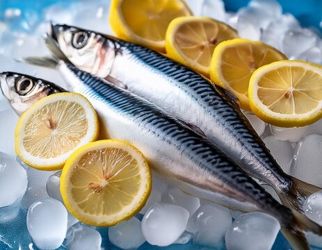 fresh sardines and lemon slices on ice