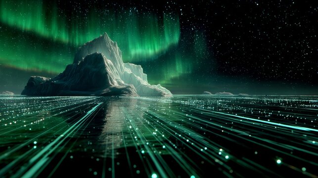 Enchanted nights: icebergs under the northern lights in greenland's fjords. Intelligent systems. The spectacular dance of green rockets over a greenland fjord iceberg. Futuristic technology.