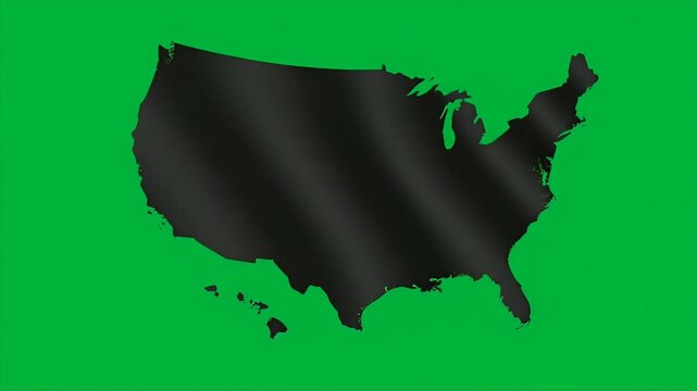 A bold black silhouette of the united states map is displayed prominently against a vibrant green background to create a striking and modern graphic design