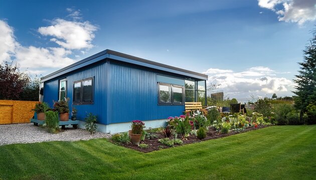 modern blue prefab modular home with garden
