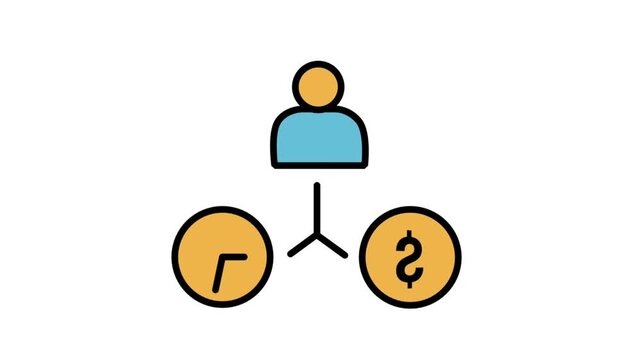 Animated organization hierarchy icon connecting a corporate leader with a clock and a dollar coin node for management delegation.