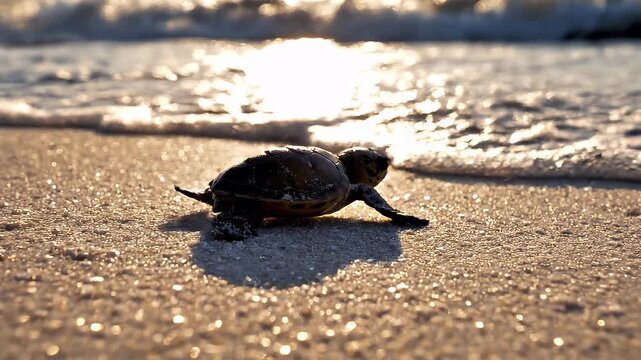 A tiny baby sea turtle makes its journey towards the ocean waves on a sandy beach at sunset
