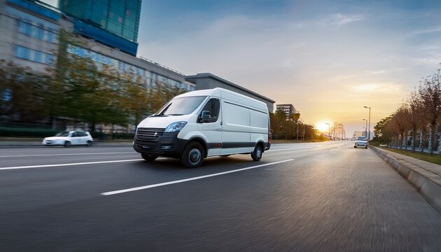 white ford transit cargo van driving on city street
