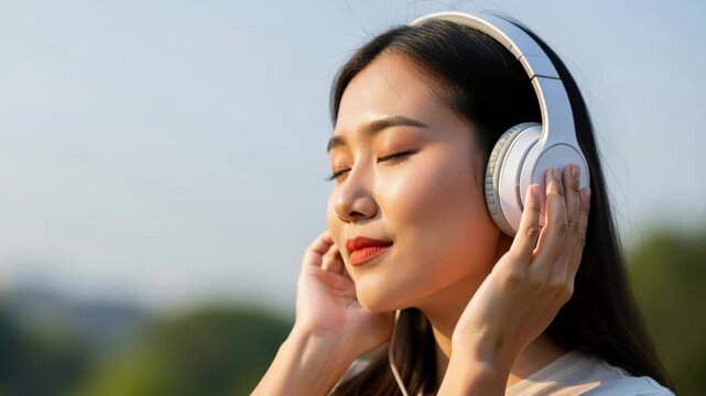 Serene Listening Experience: A young woman enjoys music through white headphones outdoors, eyes closed in peaceful concentration, embodying a moment of personal tranquility and auditory bliss.