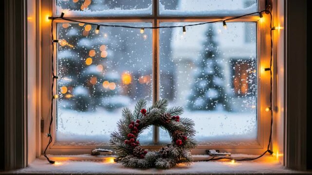 Cozy Christmas Window: A festive Christmas wreath adorns a snow-covered window, framed by twinkling fairy lights, with a snowy, decorated Christmas tree visible in the soft glow outside.