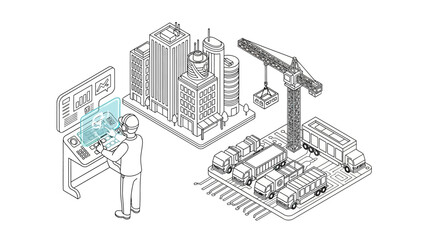 Obraz premium Isometric Line Art of Smart City Management and Logistics Supply Chain with Operator using Digital Interface and Holographic Control Panel