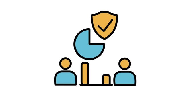 Animated pie chart presentation icon with a secure shield badge over a business audience, representing protected data analysis and risk consulting.