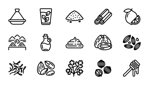 Moroccan Cuisine Icons, Spice Ingredients, Food Elements, Culinary Symbols, Vector Set