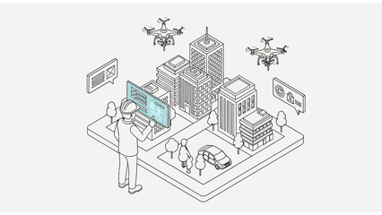 Naklejka premium Isometric Smart City Planning Concept Illustration with Engineer, Drones, and Digital Twin Infrastructure Interface Line Art