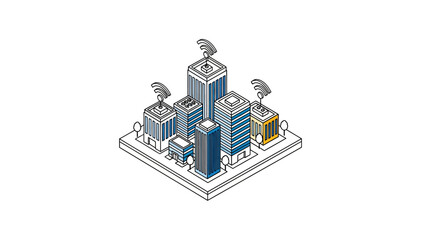 Naklejka premium Modern Isometric Smart City Illustration with Wireless Signal and Connectivity Symbols