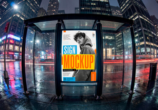 Bus shelter billboard mockup in rain