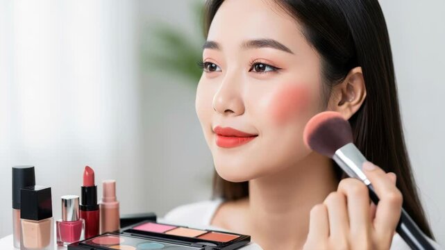 Young Asian Woman Applying Blush: A beautiful young Asian woman with flawless skin and rosy cheeks applies blush with a makeup brush, surrounded by an array of cosmetic products, in a bright.